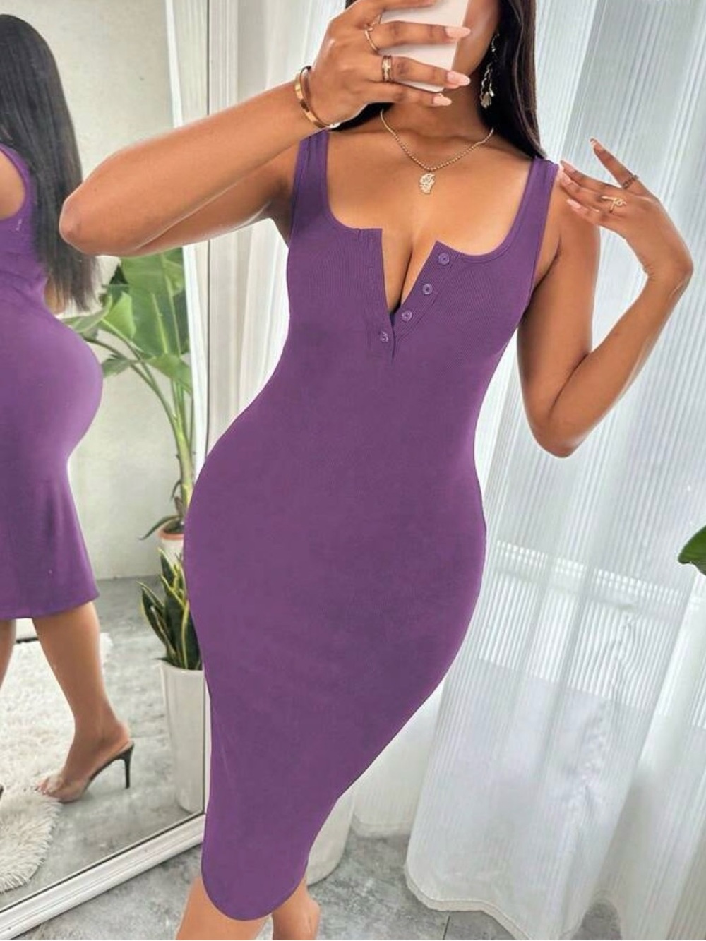 SHEIN Purple Ribbed Scoop-Neck Midi Dress with Button Placket